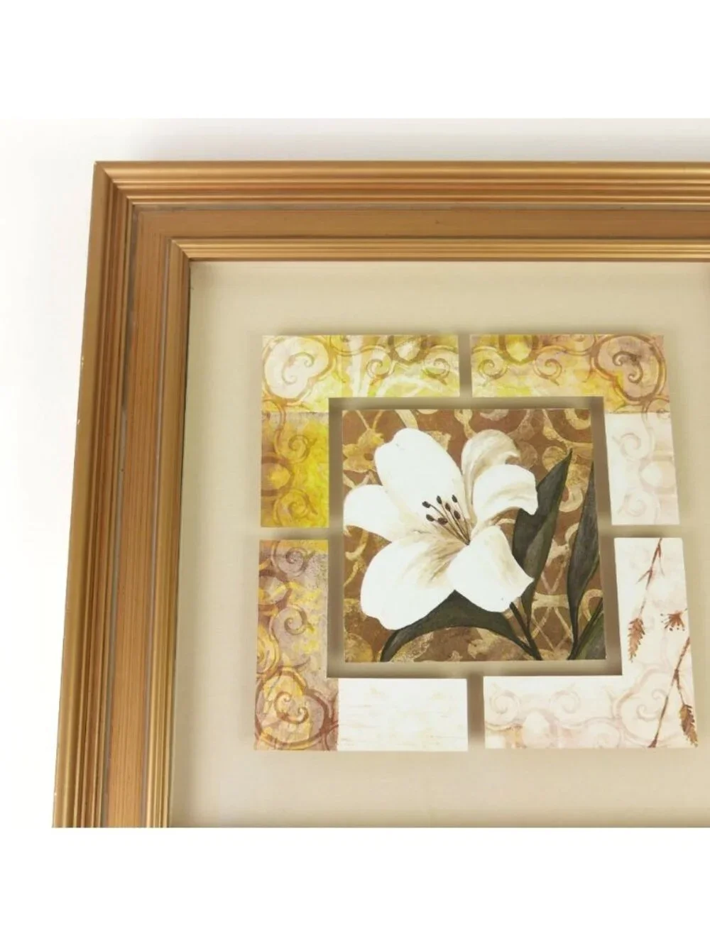 Vintage White Lily Floral Wall Art Collage Print Gold Color Frame 16” Square